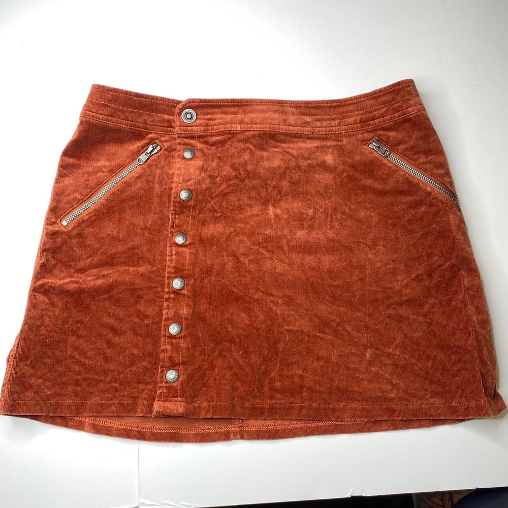 KUHL Corduroy Button Front Mini‎ Skirt Rust Orange Western Snap Pockets Size 8
